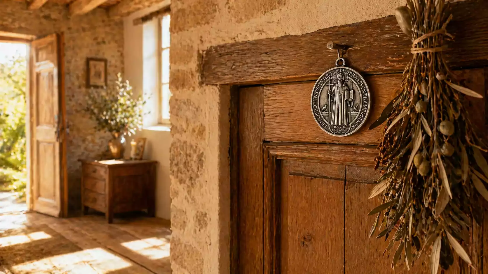 Médaille de Saint Benoît en argent suspendue au-dessus d’une porte d’entrée en chêne ancien avec bouquet d’olivier sec.