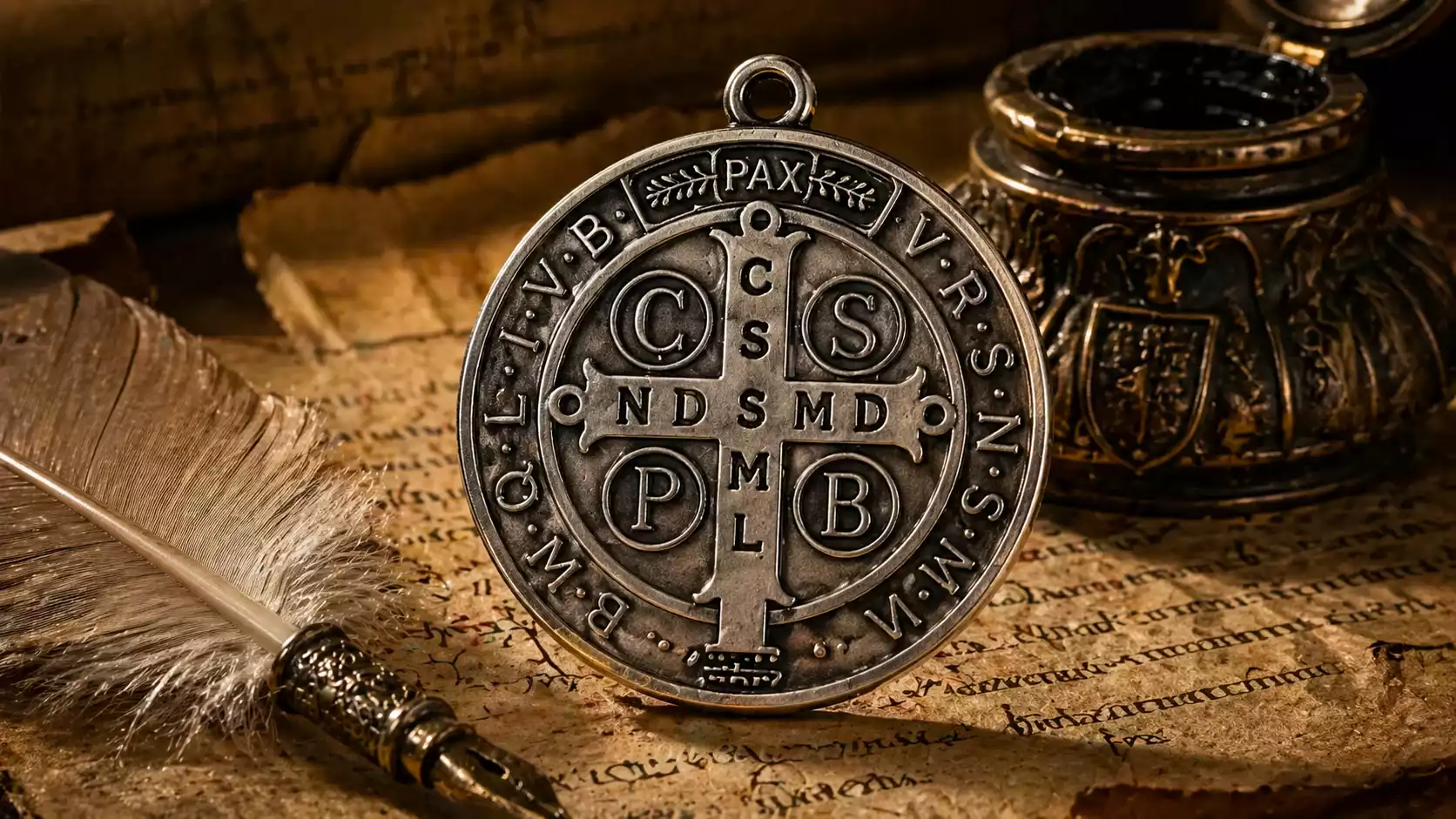 Médaille de Saint Benoît en argent ancien face revers, avec croix bénédictine, inscriptions latines, parchemin, plume d’oie et encrier.