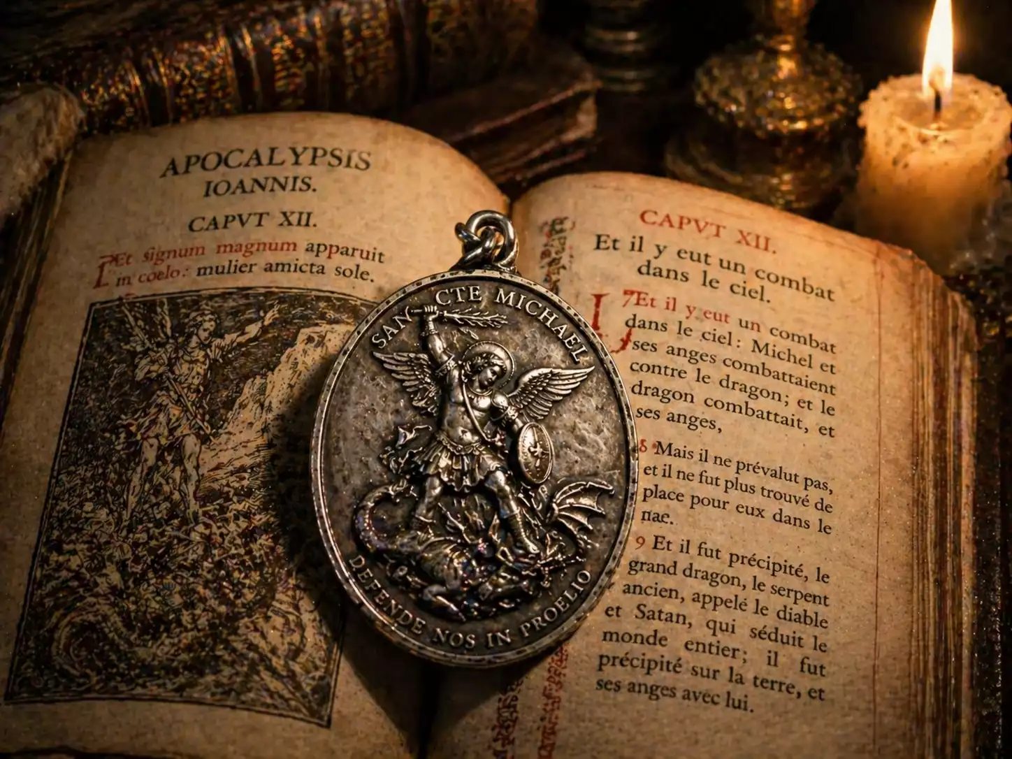 Médaille de Saint Michel Archange en argent vieilli posée sur un missel ouvert à l’Apocalypse 12 avec bougie allumée.