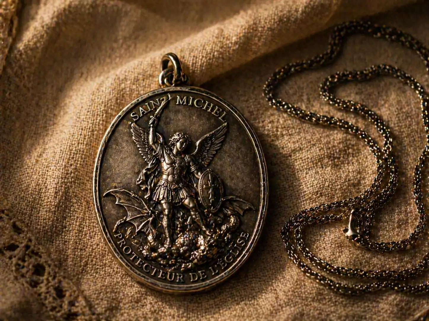 Médaille de Saint Michel en argent sur linge de lin