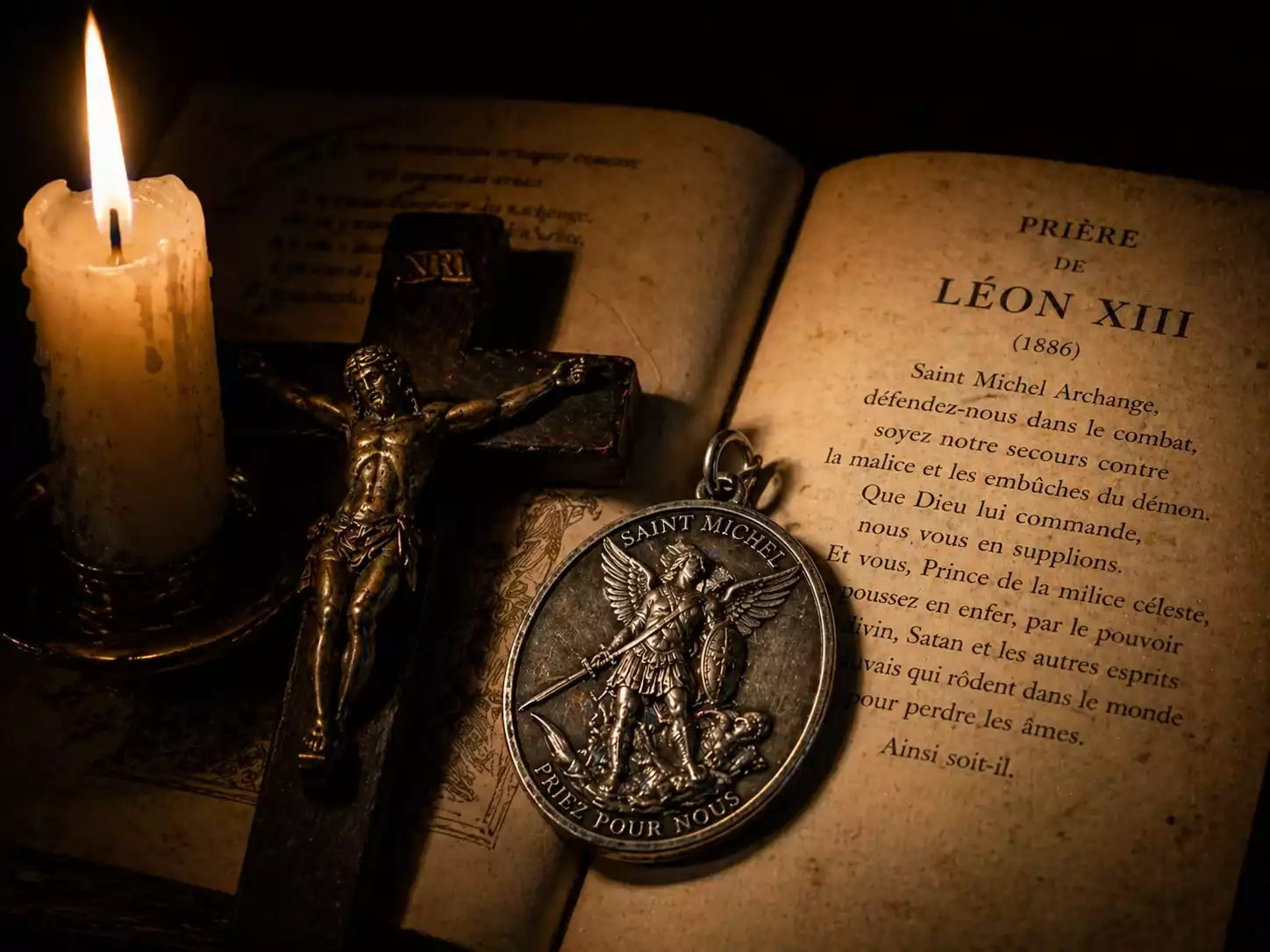 Médaille de Saint Michel sur livre de prières ouvert à la prière de Léon XIII, avec crucifix en bois et bougie blanche allumée.
