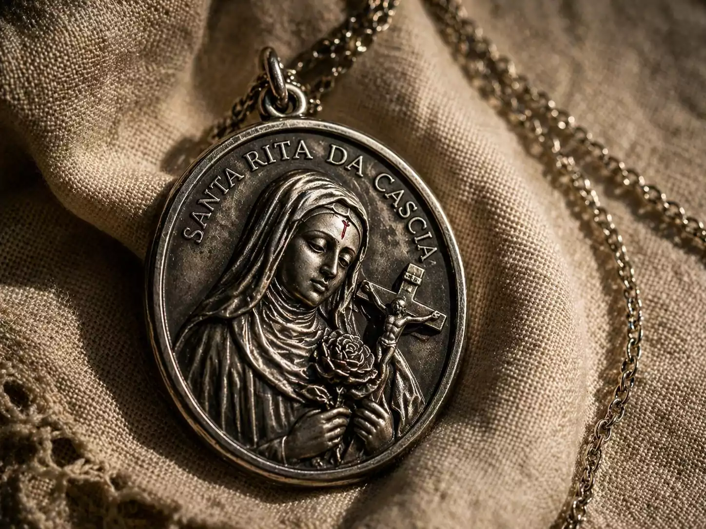 Médaille de Sainte Rita en argent vieilli sur linge en lin écru avec chaîne fine et portrait de la sainte en habit augustin.