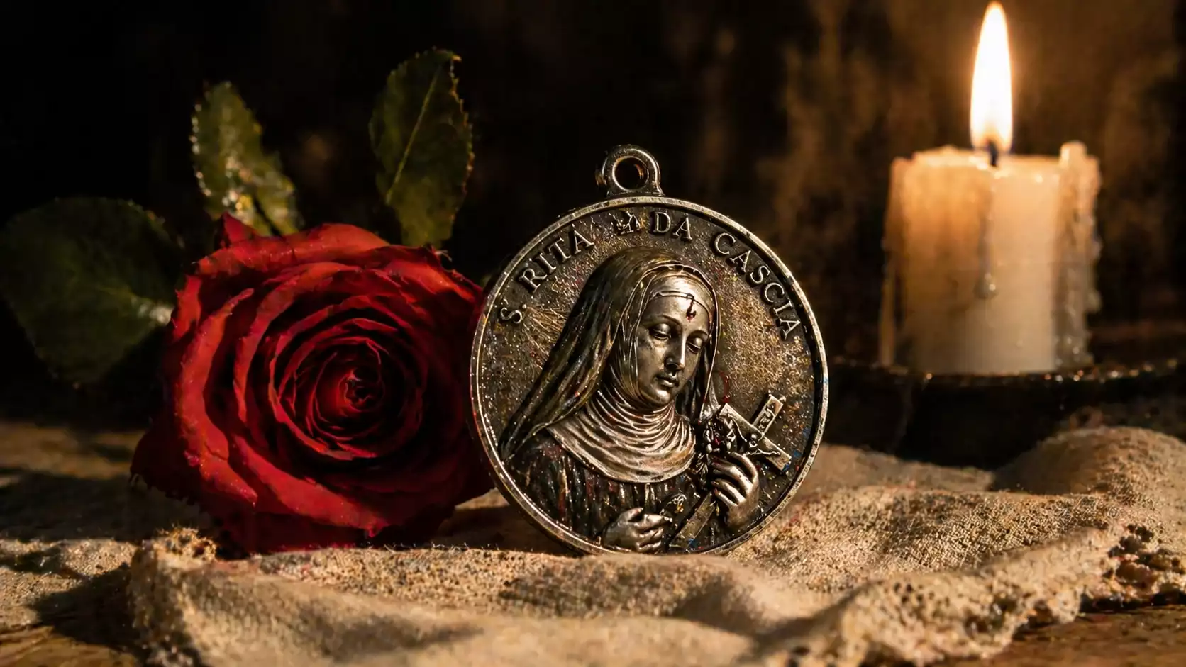 Médaille de Sainte Rita de Cascia en argent vieilli avec rose rouge, bougie allumée et linge de lin écru.