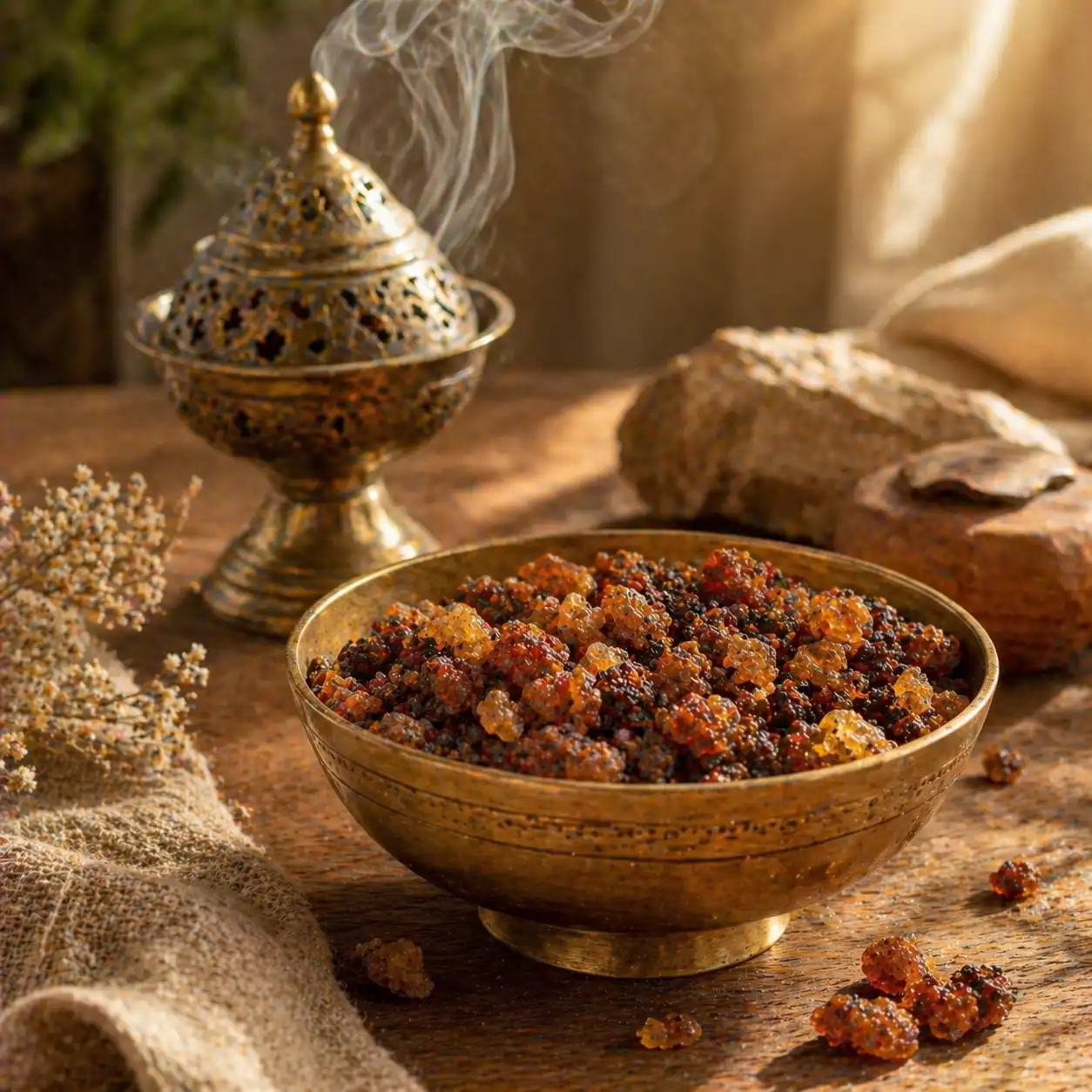 myrrhe naturelle en grains dans un bol en laiton avec ambiance spirituelle et fumigation douce