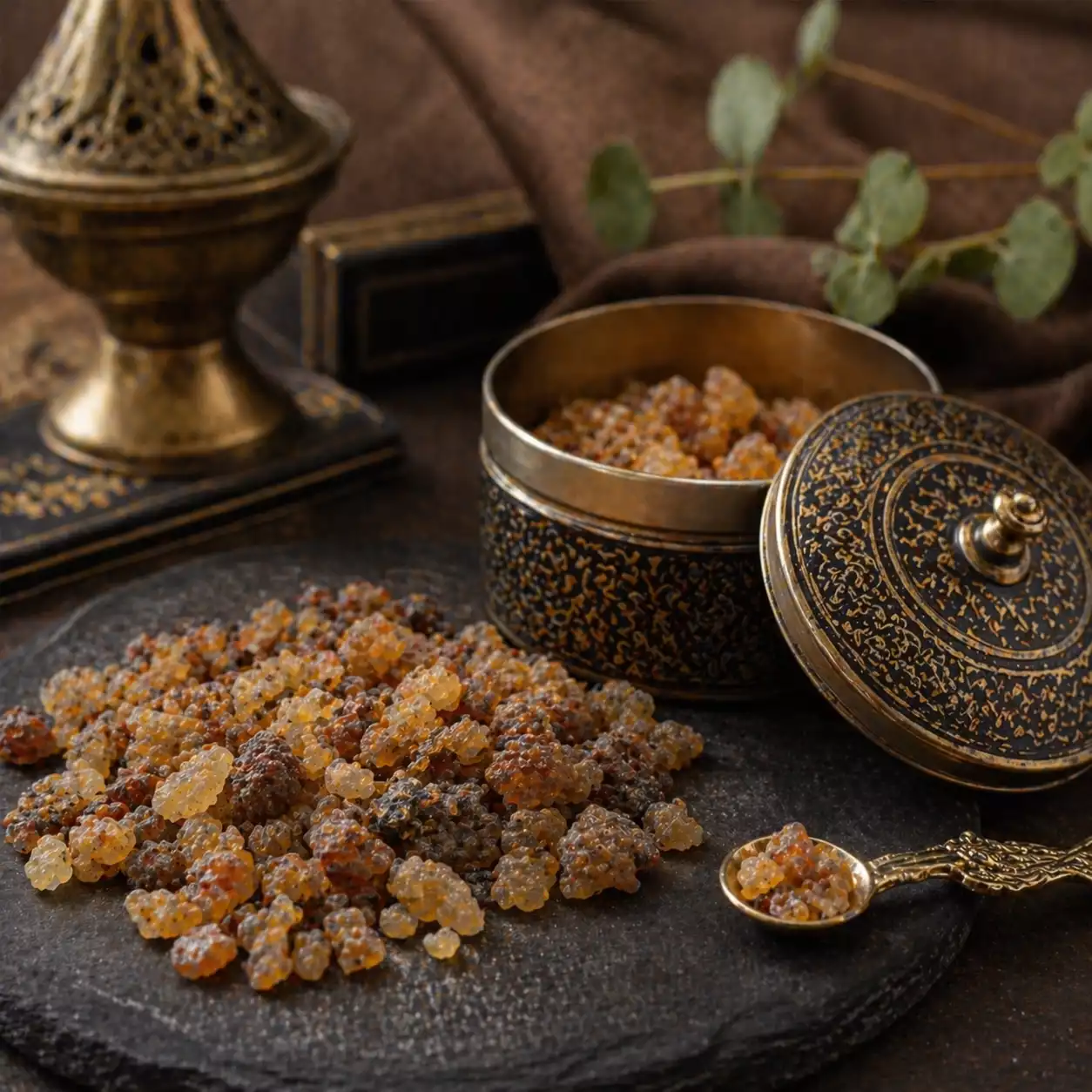 grains de myrrhe naturelle de qualité avec petite boîte élégante et cuillère dans une ambiance prestigieuse