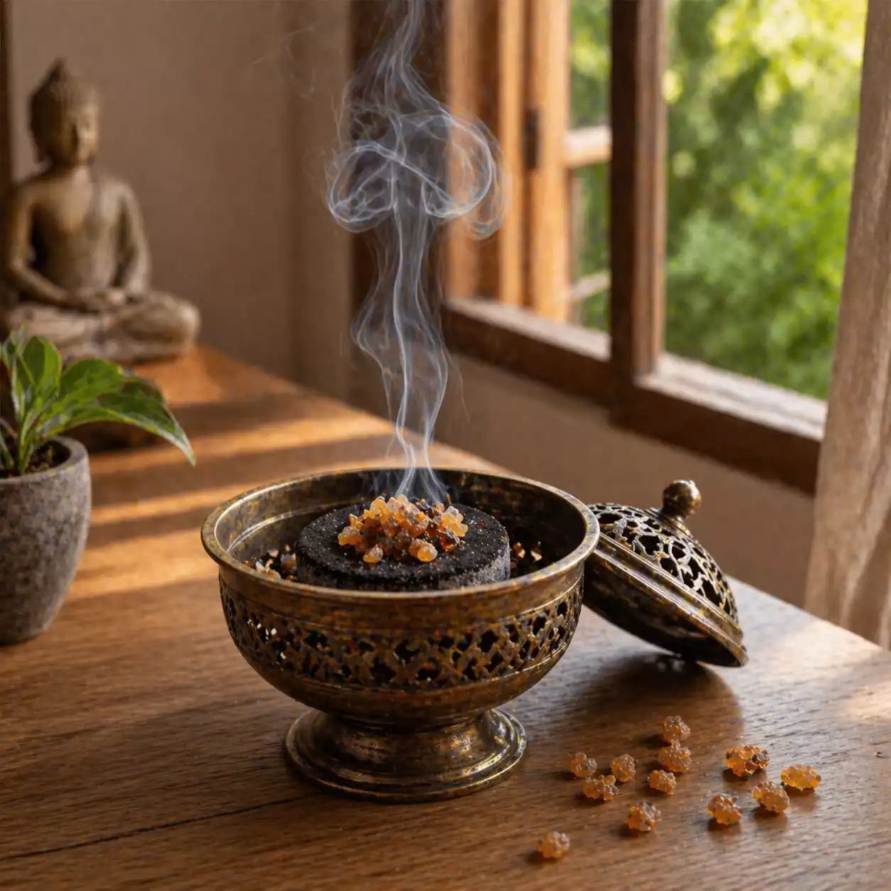 Myrrhe en fumigation en toute sécurité myrrhe naturelle en grains sur charbon ardent dans un porte encens avec fenêtre ouverte