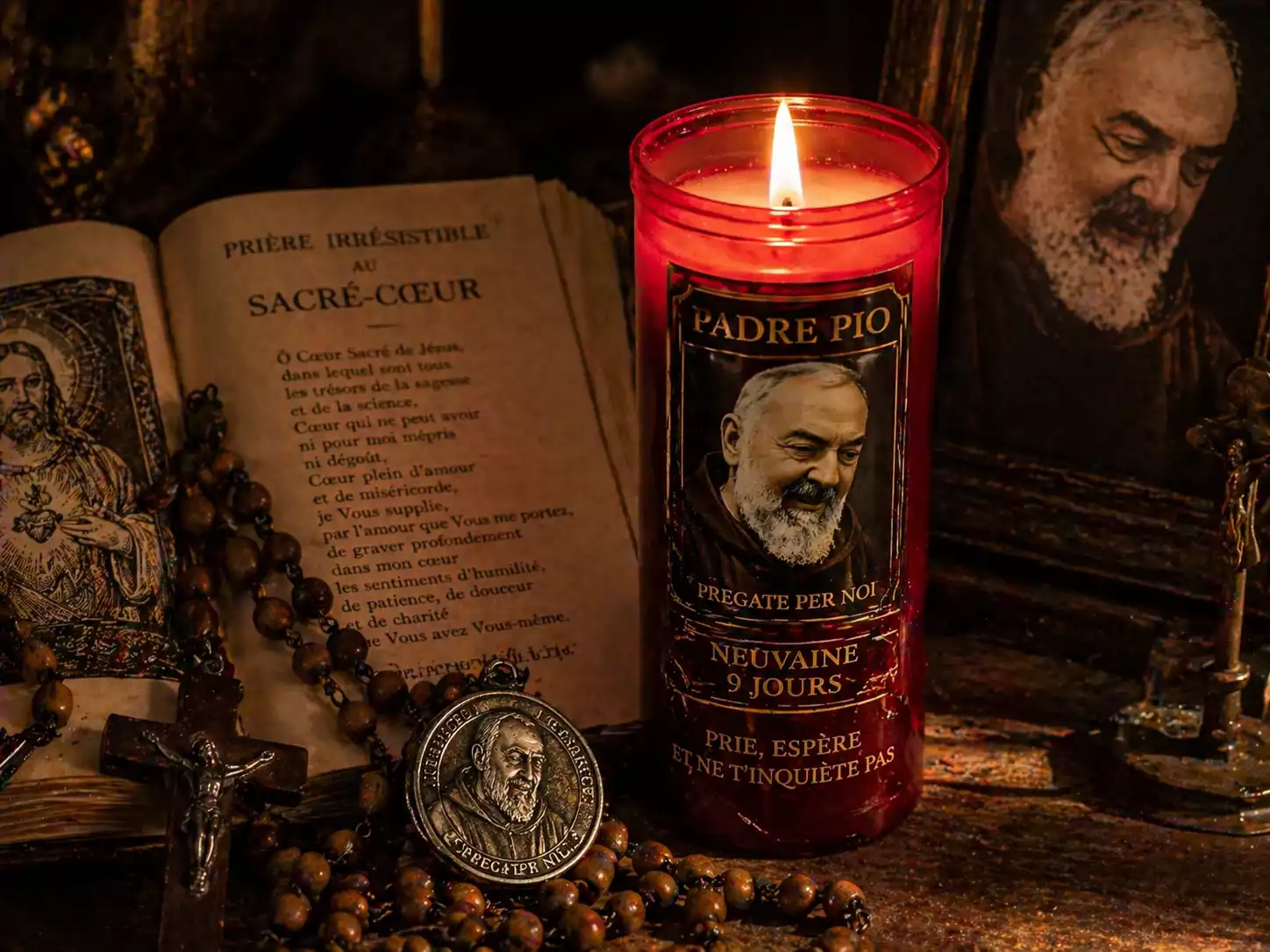 Bougie de neuvaine Padre Pio avec prière au Sacré-Cœur Bougie rouge de neuvaine Padre Pio allumée sur autel domestique avec missel ouvert, médaille en argent et chapelet en bois.