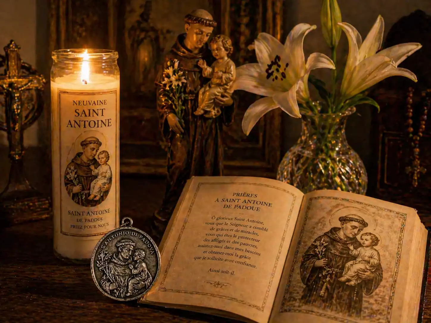 Bougie de neuvaine Saint Antoine allumée sur autel domestique avec missel ouvert, médaille en argent et lys frais.