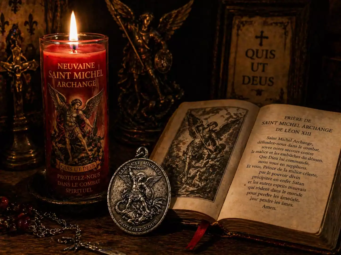 Bougie de neuvaine Saint Michel avec prière de Léon XIII