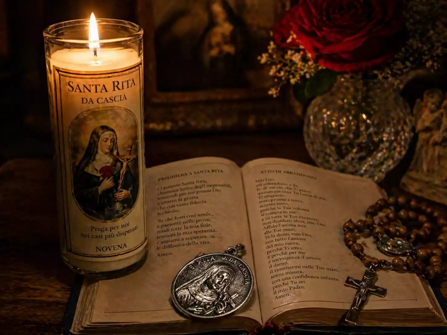 Bougie de neuvaine Sainte Rita allumée avec médaille en argent, livre de prière, chapelet en bois et rose rouge sur autel domestique.