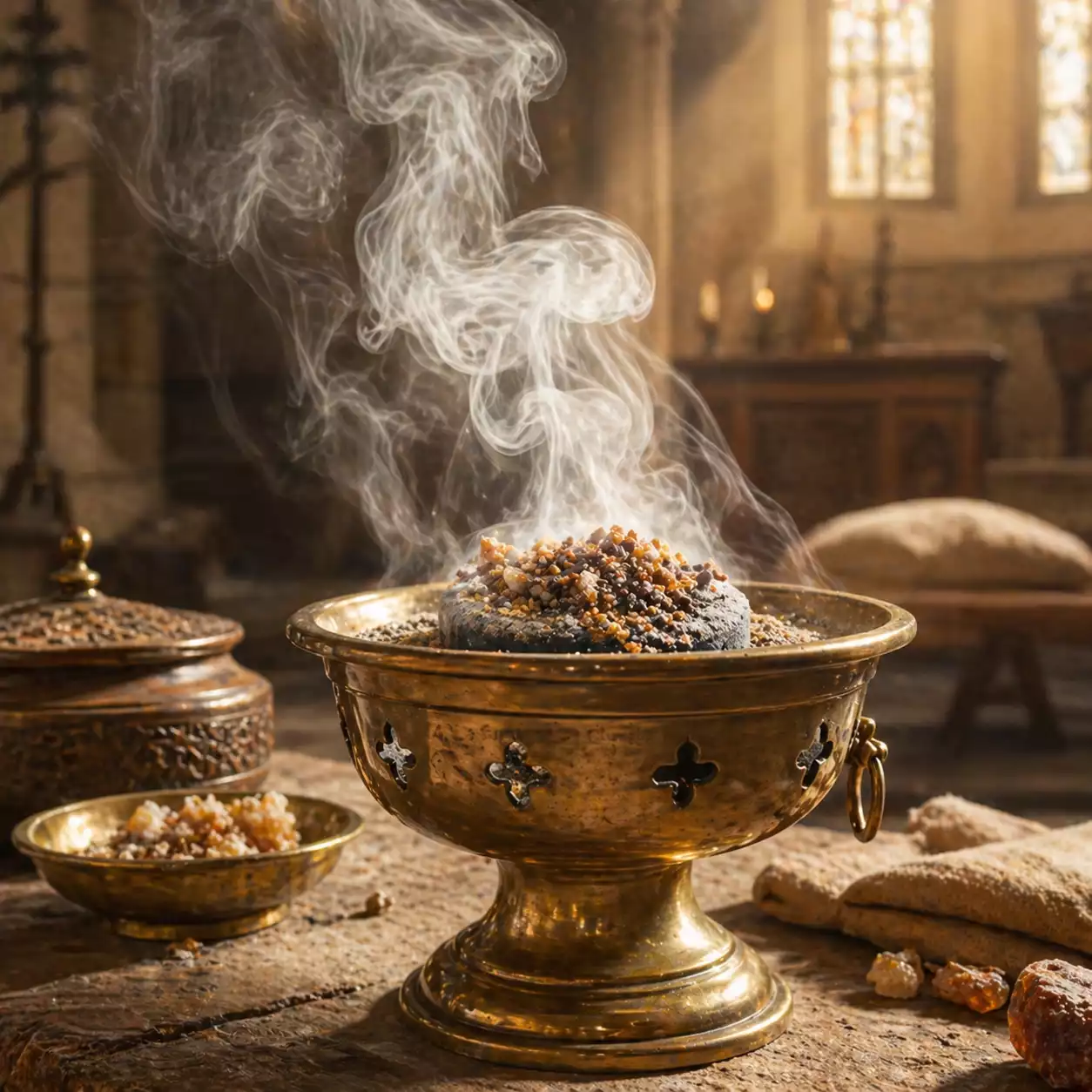 encens trinité fumant dans un encensoir ancien pour illustrer son odeur noble dense et liturgique
