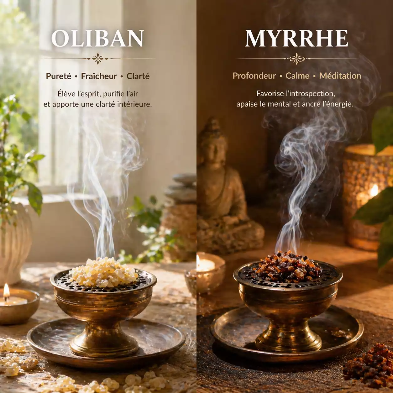 oliban et myrrhe en fumigation dans une pièce représentant deux ambiances zen différentes