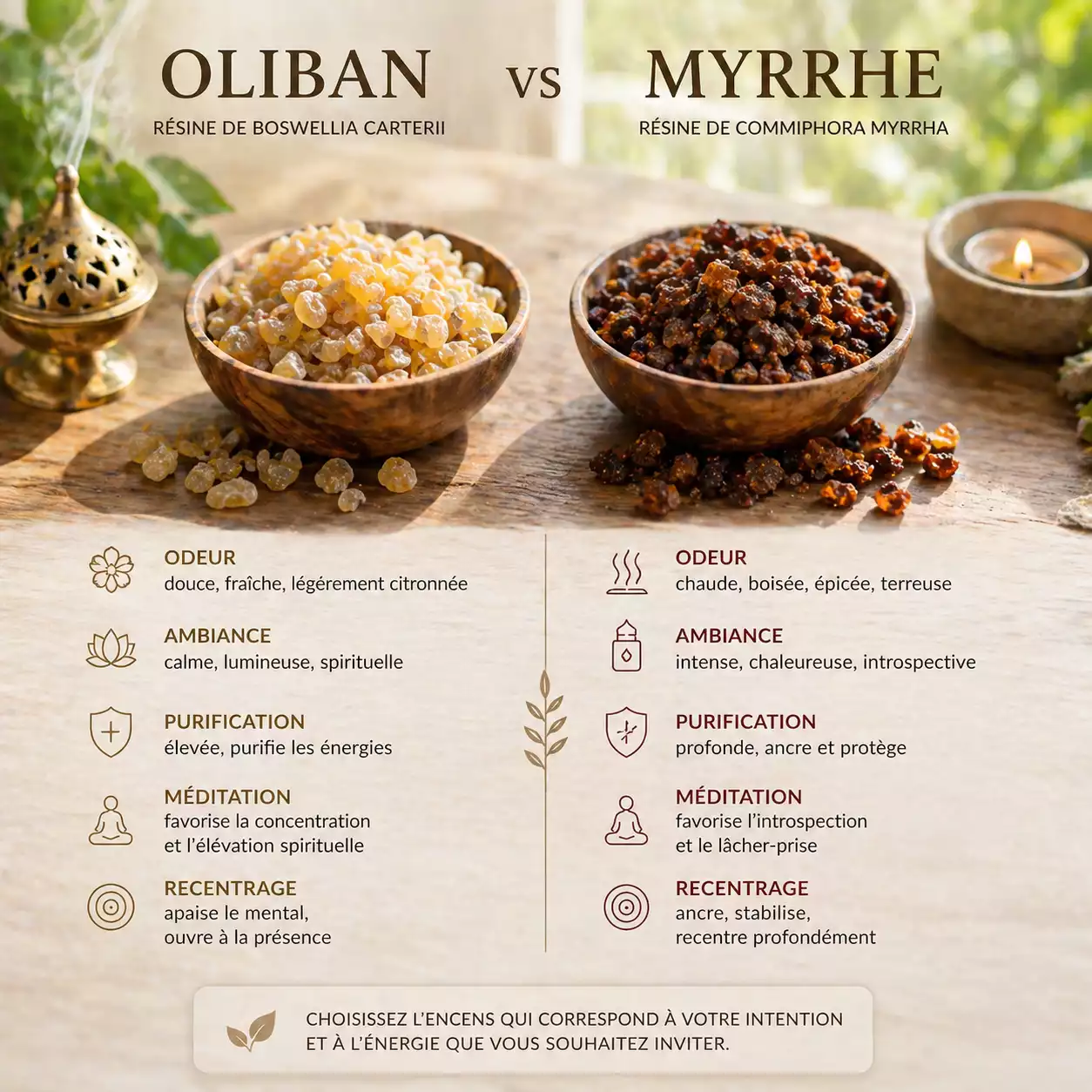 comparatif entre oliban et myrrhe en résines naturelles pour fumigation