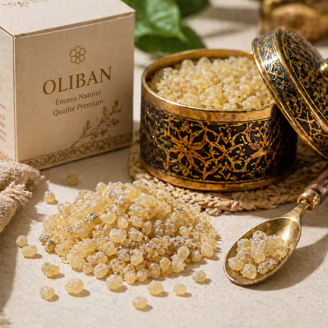 grains d oliban naturel de qualité avec petite boîte élégante et cuillère dans une ambiance prestigieuse