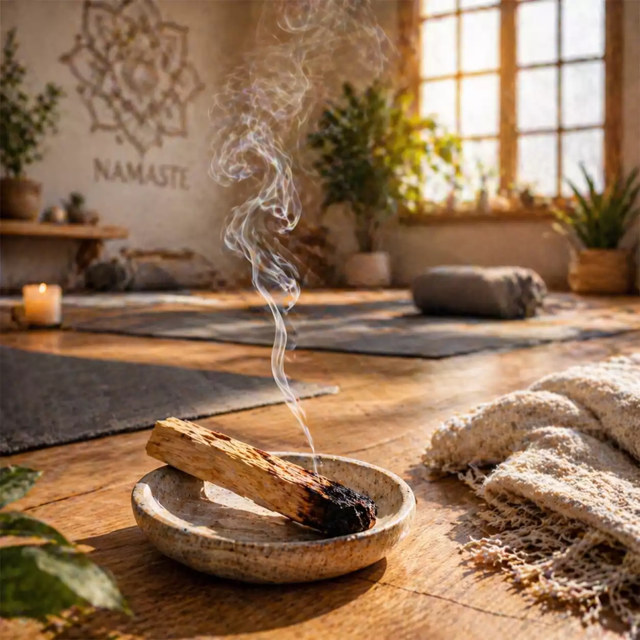 Bâtonnet de palo santo fumant posé dans une coupelle en céramique au sol dans une salle de yoga lumineuse et apaisante