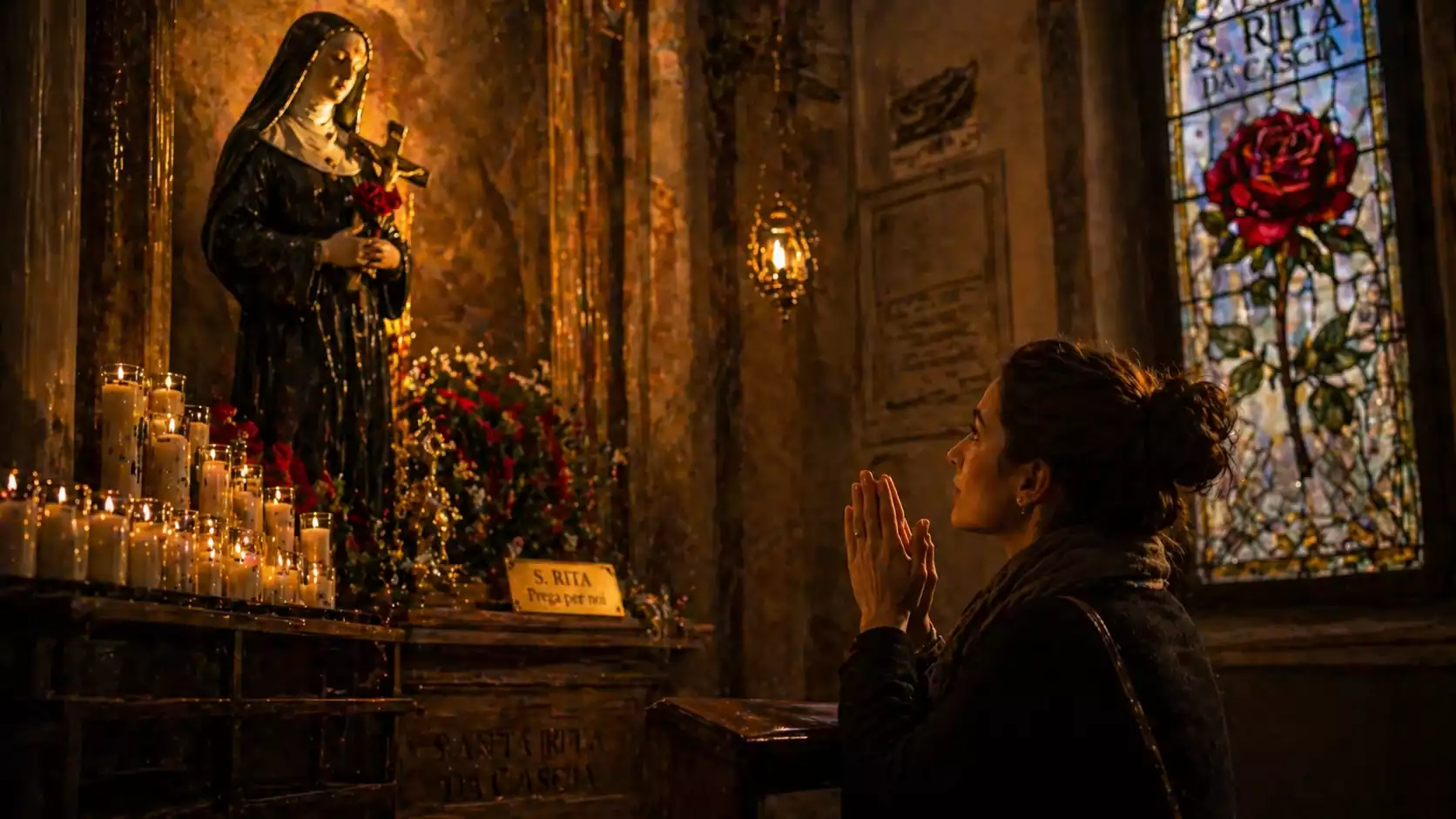 Jeune femme agenouillée en prière devant une statue de Sainte Rita dans une chapelle italienne avec cierges et vitrail.
