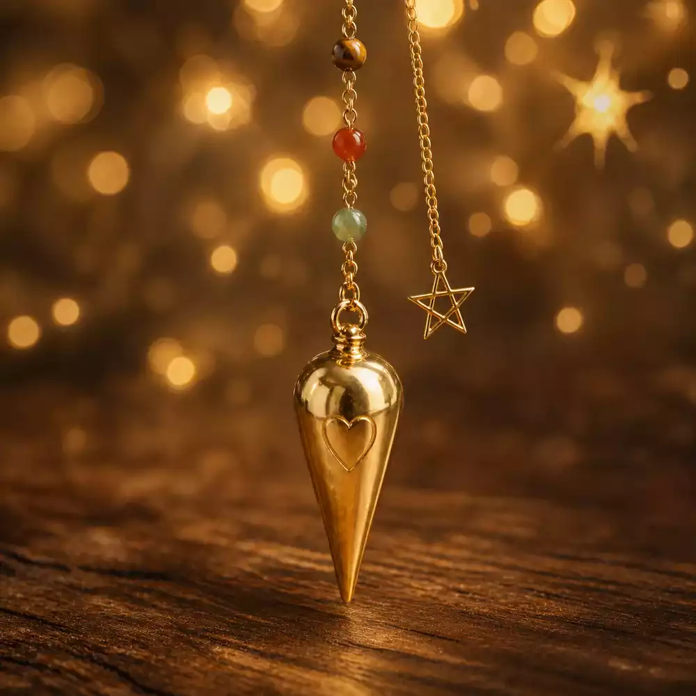 Pendule chemin de vie en laiton doré avec cœur gravé, pierres semi-précieuses et breloque étoile sur bois sombre.