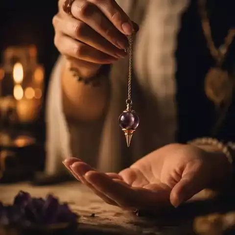 Main tenant un pendule divinatoire en améthyste au-dessus d’une paume dans une ambiance chaleureuse.