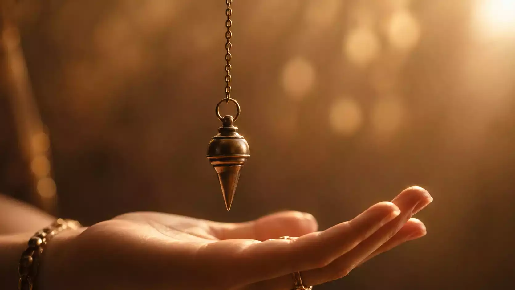 Pendule suspendu au-dessus d’une main ouverte en lumière chaude sur fond doré flou.