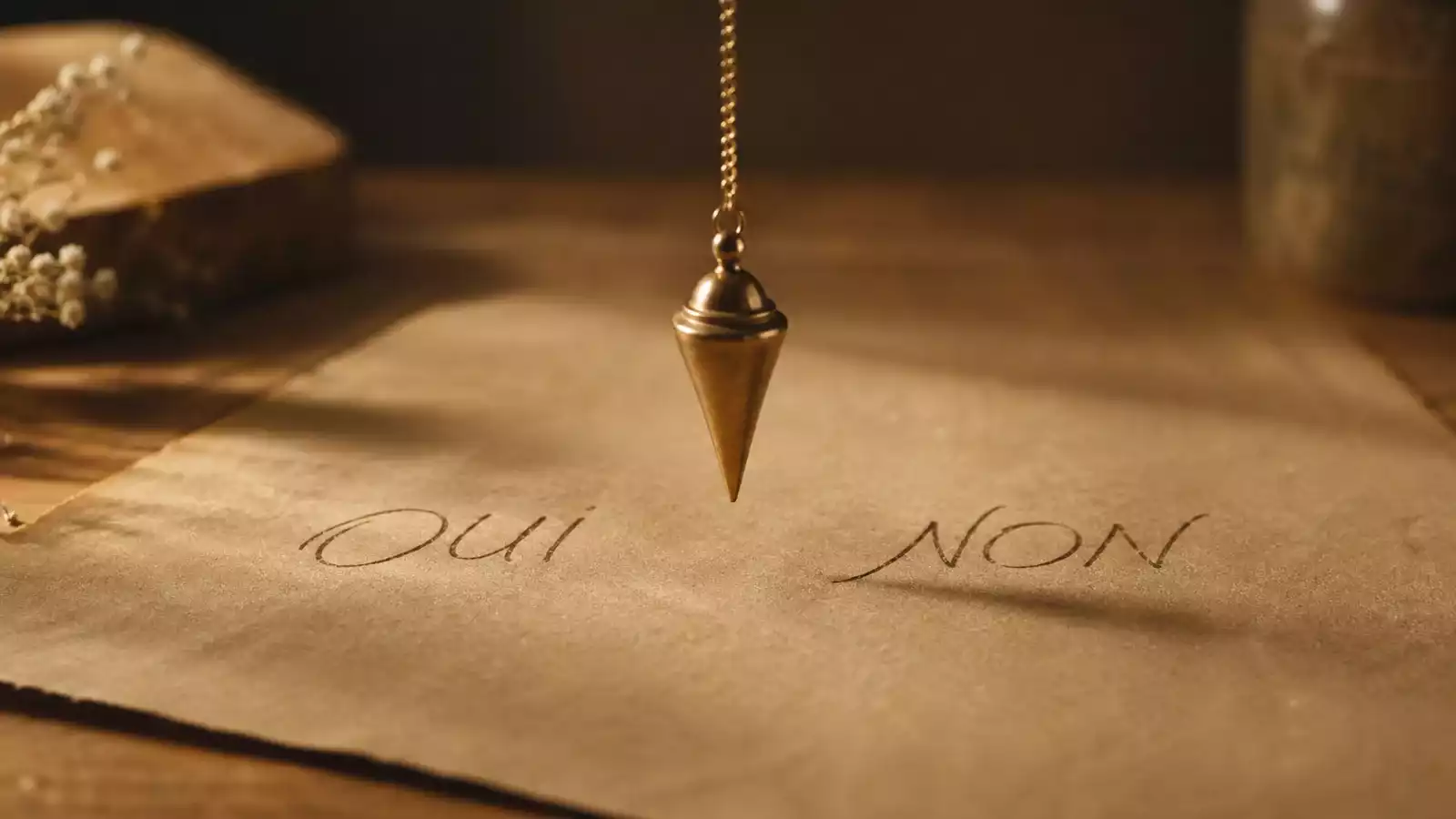 Pendule divinatoire au-dessus d’un oui non Pendule suspendu au-dessus d’une feuille kraft avec les mots OUI et NON écrits à la main.