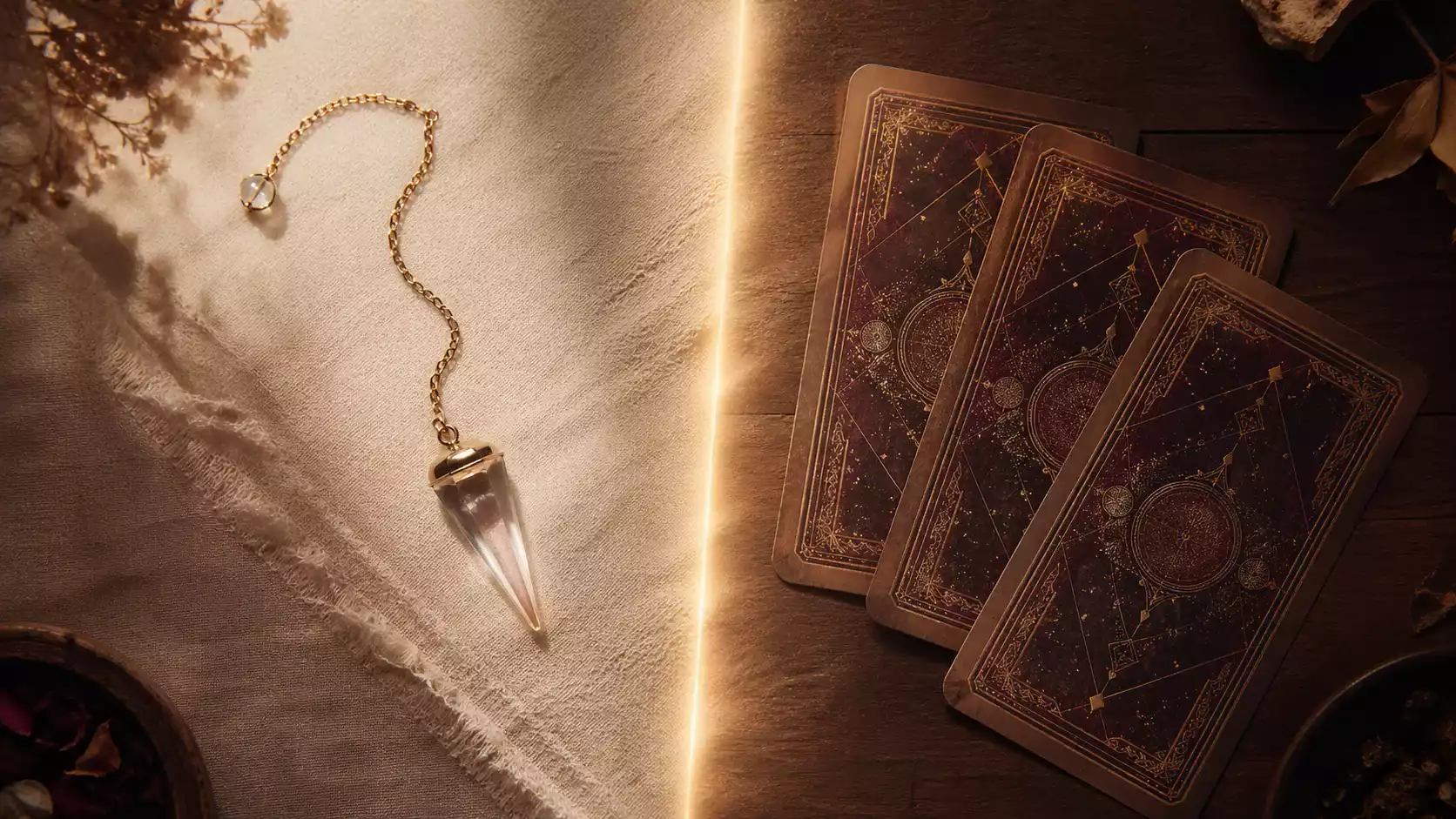 Pendule et cartes de tarot en flat lay Pendule en cristal à gauche et trois cartes de tarot au dos ancien à droite, séparés par un trait de lumière dans une composition flat lay.
