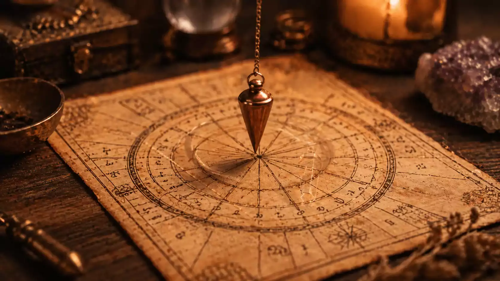 Planche de radiesthésie et pendule en cuivre Pendule en cuivre au-dessus d’une planche de radiesthésie ancienne posée sur un bois sombre, avec lumière chaude et ambiance vintage spirituelle.