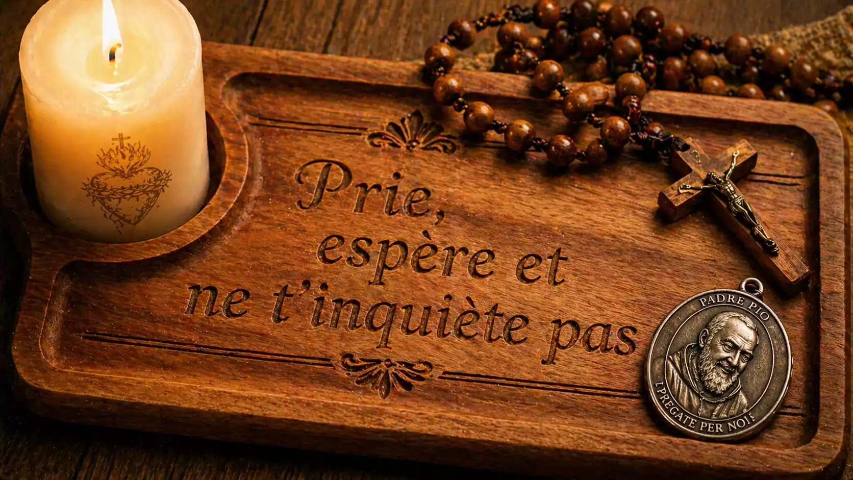 Plateau en teck gravé Prie, espère et ne t’inquiète pas avec bougie allumée, chapelet en bois et médaille Padre Pio.