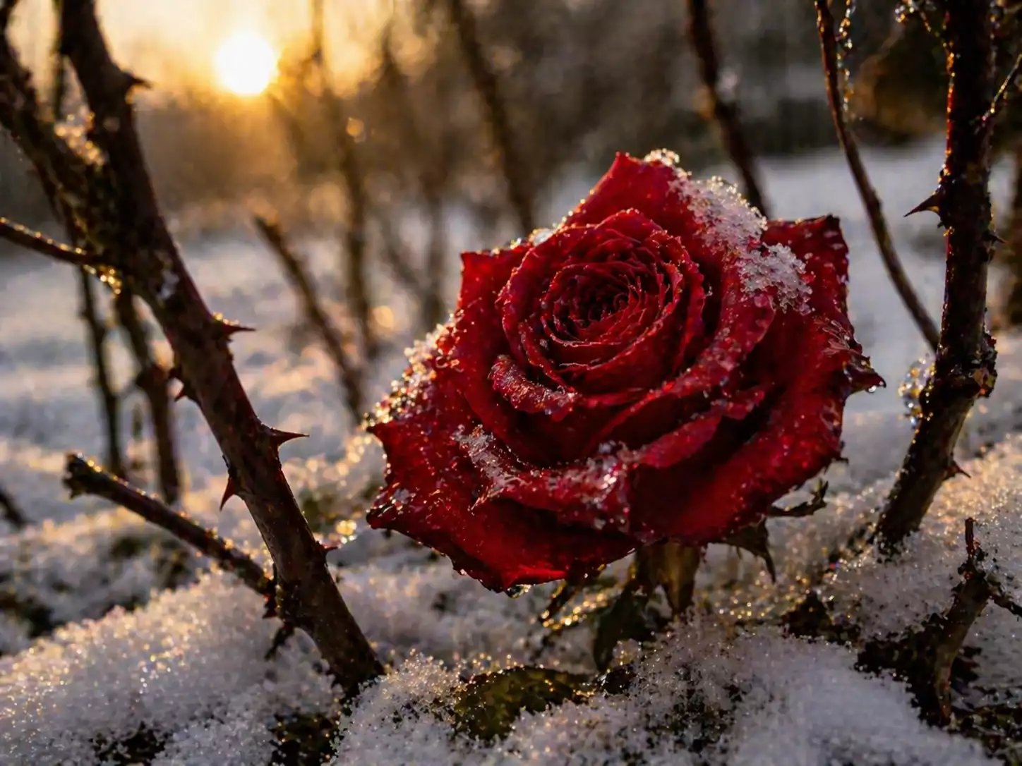 Rose rouge éclose dans la neige fraîche entre des branches de rosier en hiver, symbole du miracle de Sainte Rita.