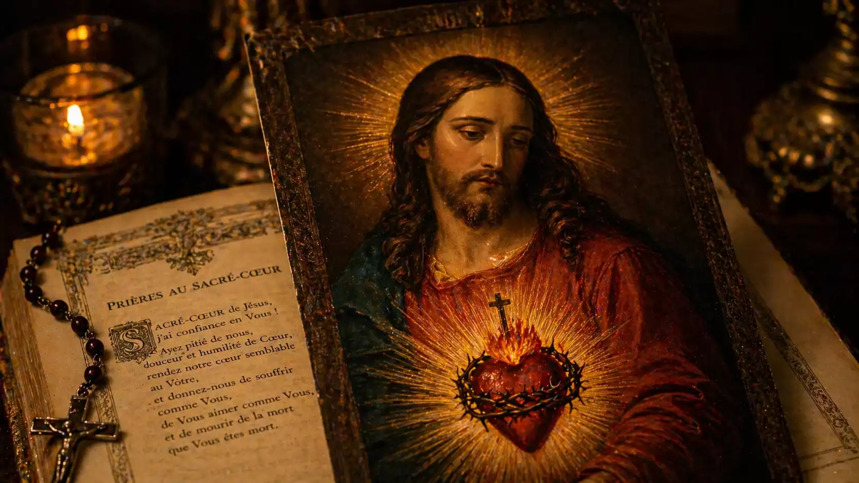 Image traditionnelle du Sacré-Cœur de Jésus avec cœur enflammé et couronne d’épines, posée sur un livre de prières ouvert.