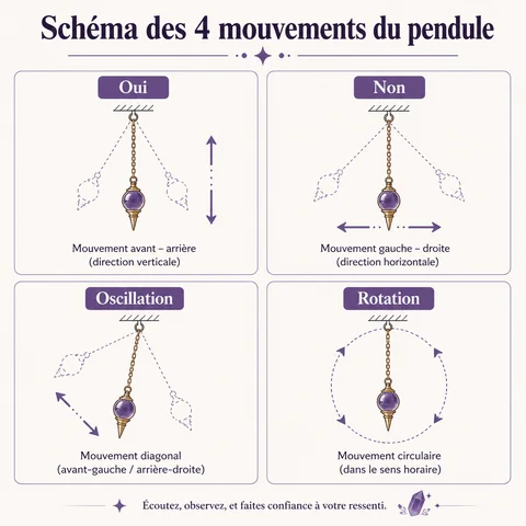 Schéma des quatre mouvements du pendule divinatoire : oui, non, oscillation diagonale et rotation circulaire.