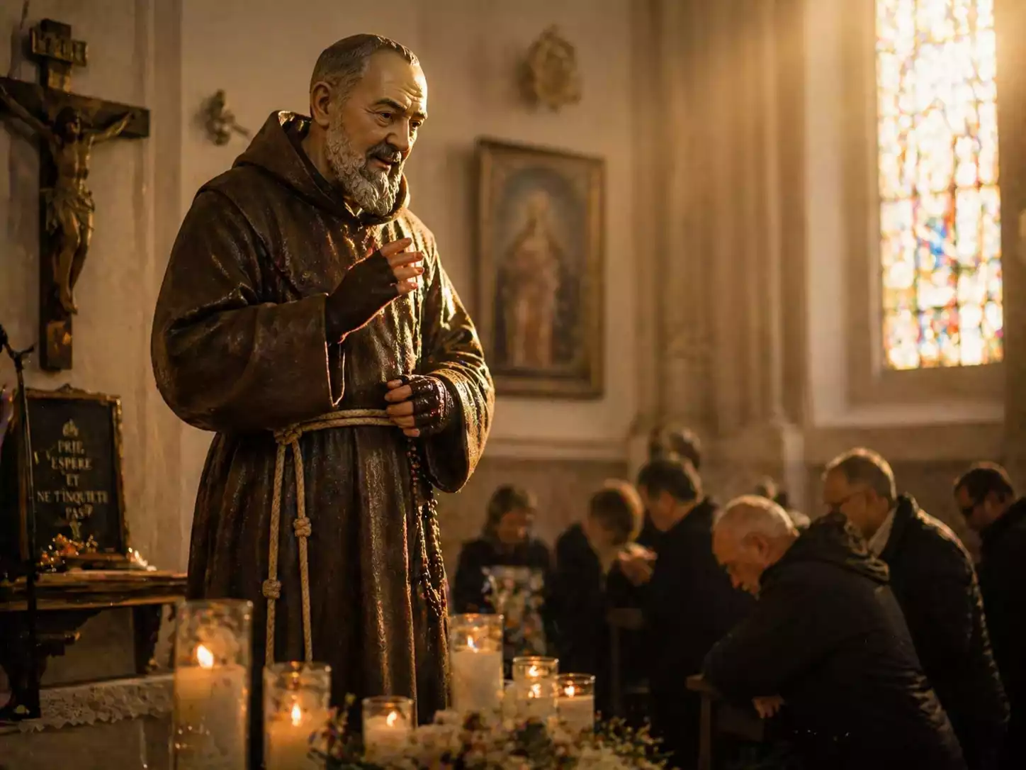 Statue de Padre Pio en habit capucin avec mitaines noires, cierges allumés et fidèles en prière dans une église italienne.