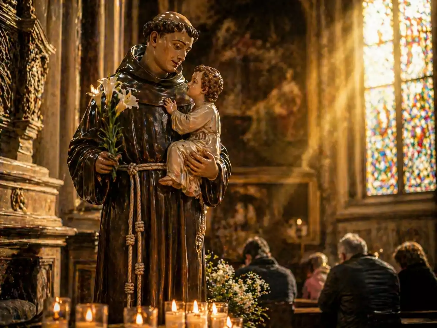 Statue de Saint Antoine de Padoue en habit franciscain tenant l’Enfant Jésus et un lys, avec cierges et vitrail dans une chapelle italienne.