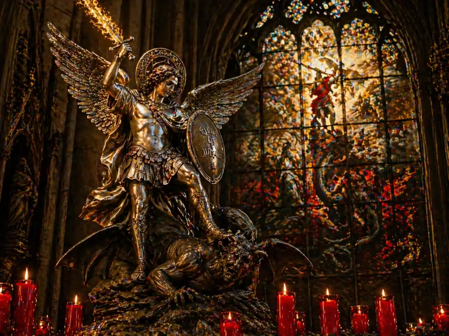 Statue de Saint Michel Archange terrassant le dragon avec épée flamboyante, cierges rouges et vitrail médiéval dans une église gothique.