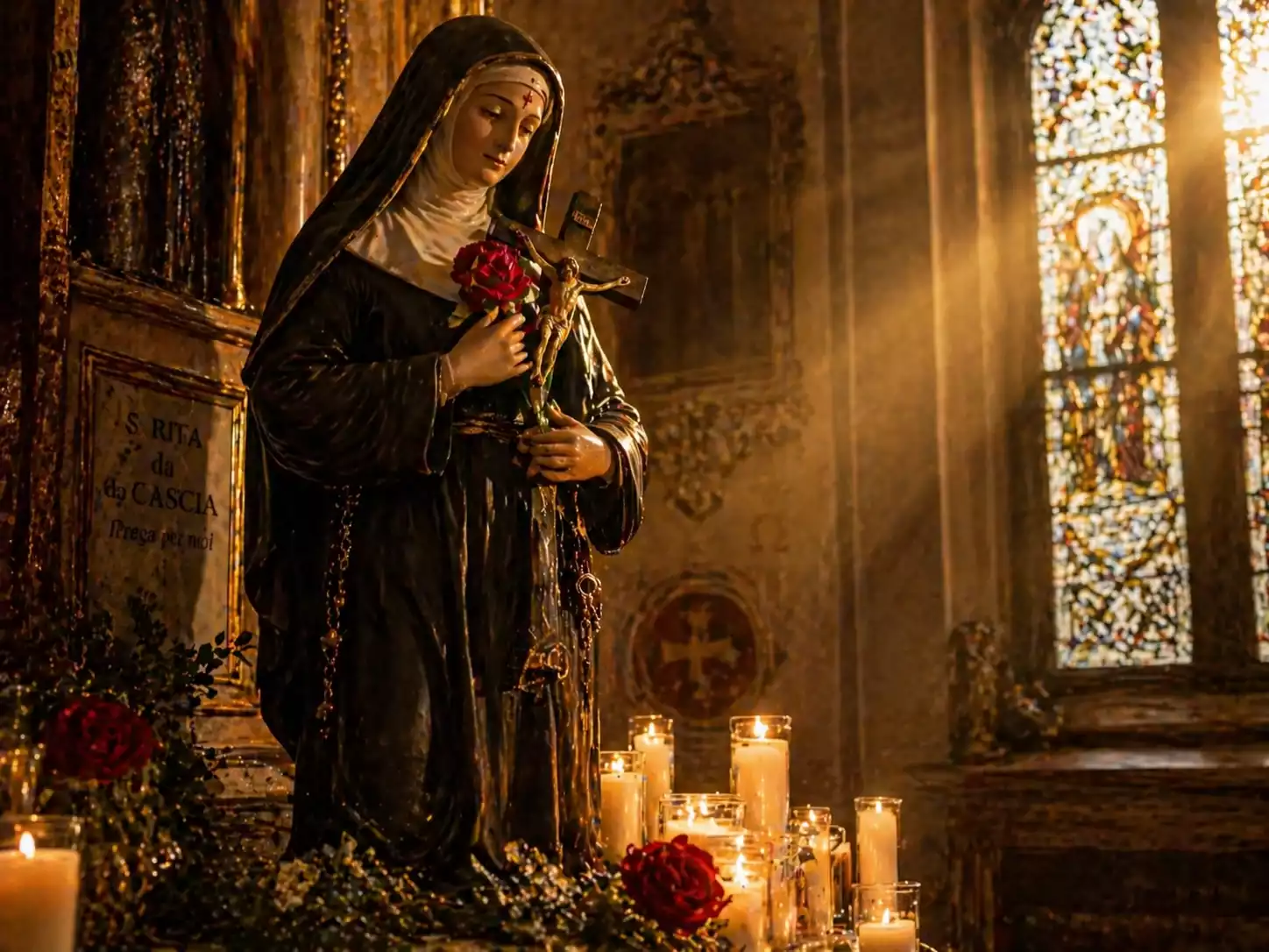Statue de Sainte Rita de Cascia en habit augustin avec rose rouge, crucifix, cierges allumés et vitrail dans une chapelle italienne.