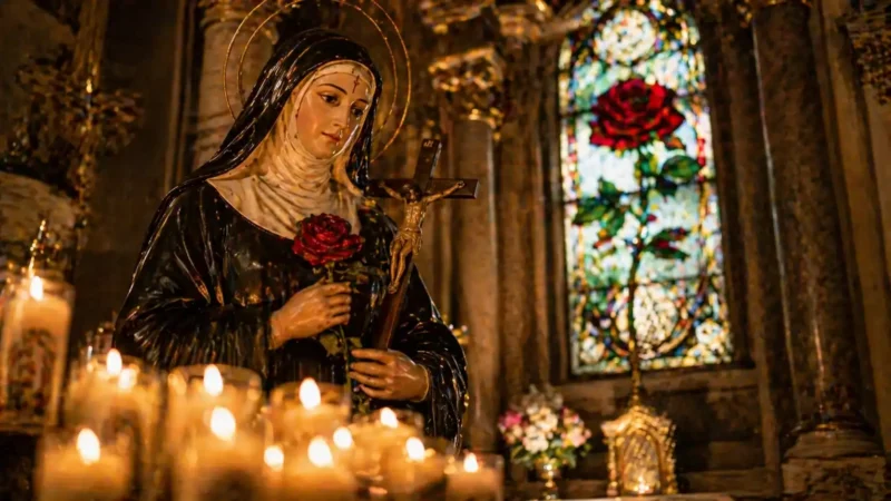 Bougie de neuvaine Sainte Rita allumée sur autel domestique avec livre de prières, médaille en argent, chapelet en bois et rose rouge.