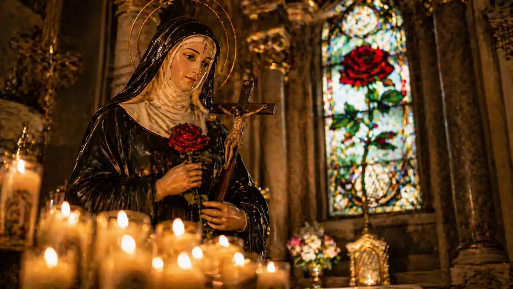Bougie de neuvaine Sainte Rita allumée sur autel domestique avec livre de prières, médaille en argent, chapelet en bois et rose rouge.