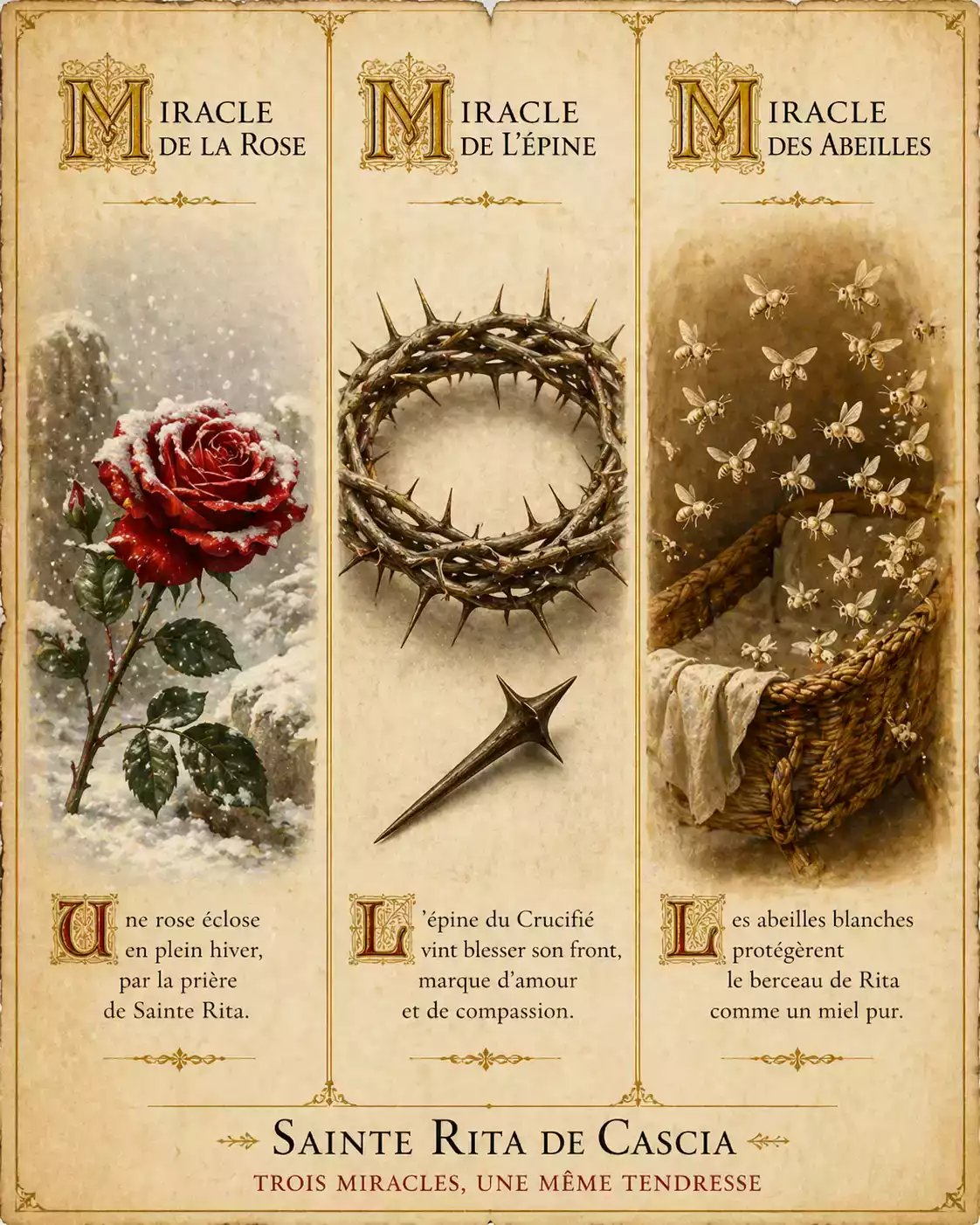 Triptyque des miracles de Sainte Rita avec rose rouge dans la neige, épine avec goutte de sang et abeilles blanches autour d’un berceau.