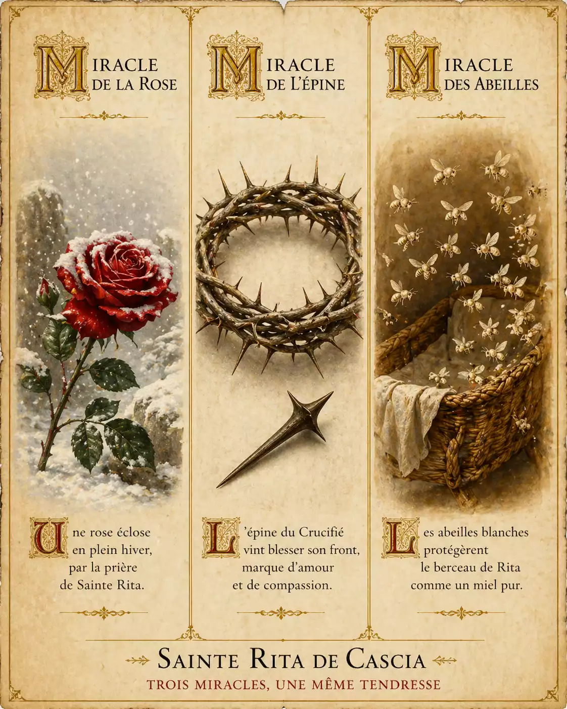 Triptyque des miracles de Sainte Rita avec rose rouge dans la neige, couronne d’épines et abeilles blanches autour d’un berceau.
