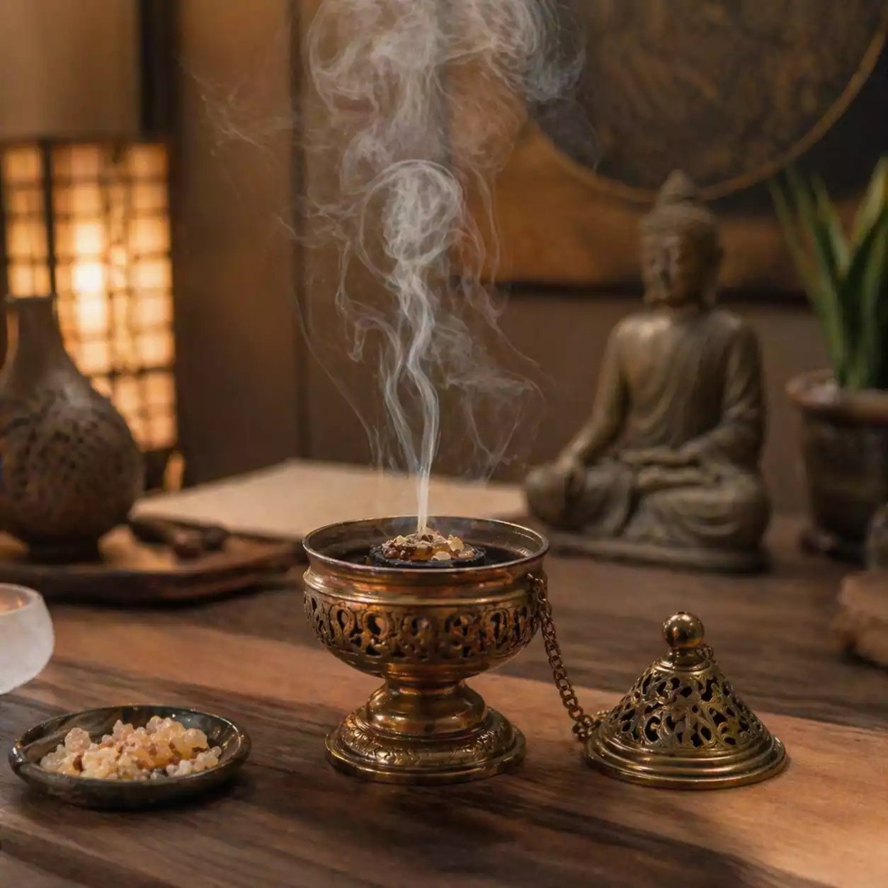 fumigation de benjoin dans une pièce zen avec encensoir et ambiance apaisante