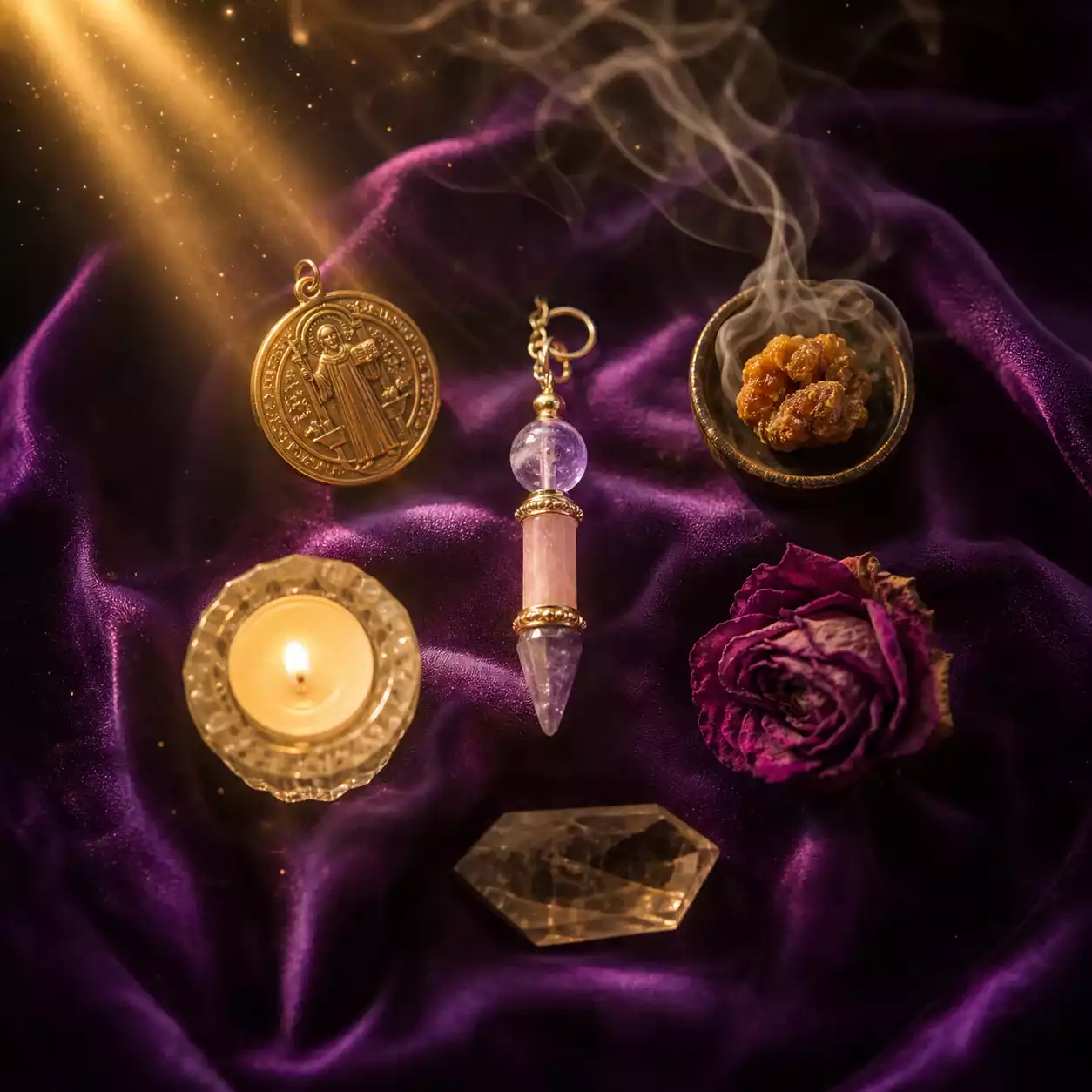 Pendule Chemin de Vie en améthyste et quartz rose posé sur soie violette avec médaille dorée, encens fumant, bougie et cristal. 