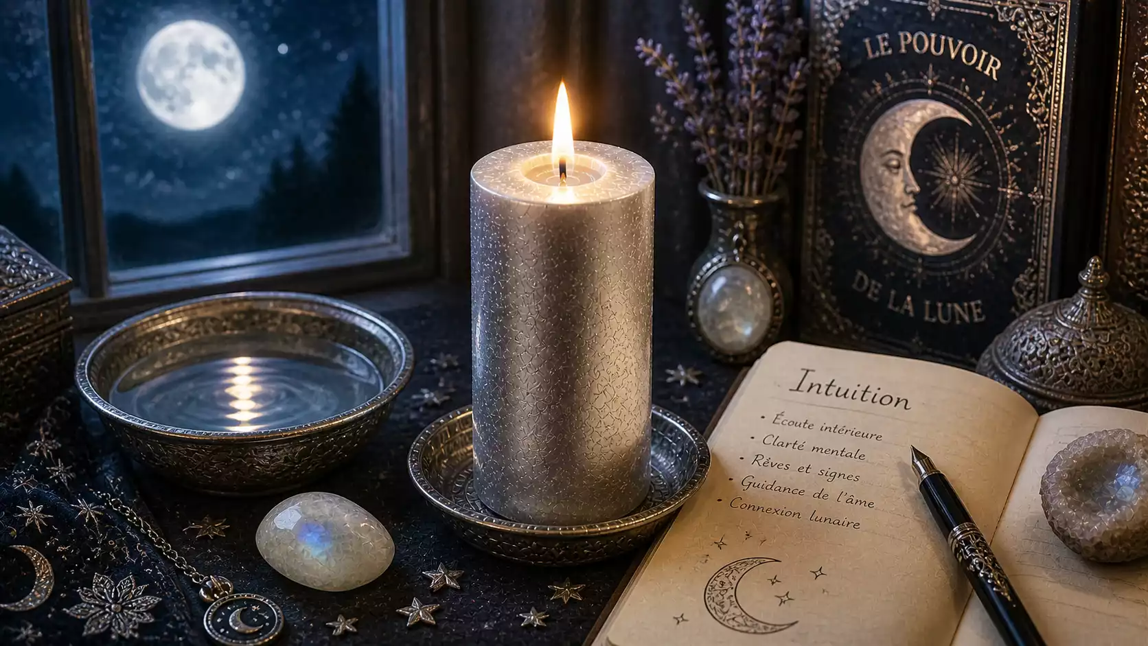 Bougie argentée allumée avec bol d’eau, pierre de lune et carnet près d’une fenêtre au clair de lune pour rituel d’intuition.
