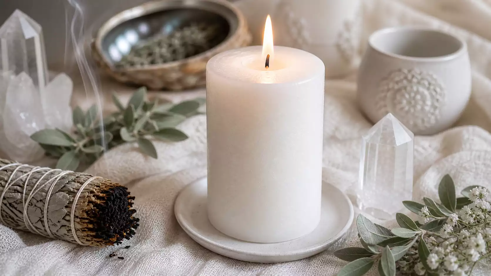 Bougie blanche allumée avec sauge fumante et quartz clair sur linge blanc pour rituel de purification.
