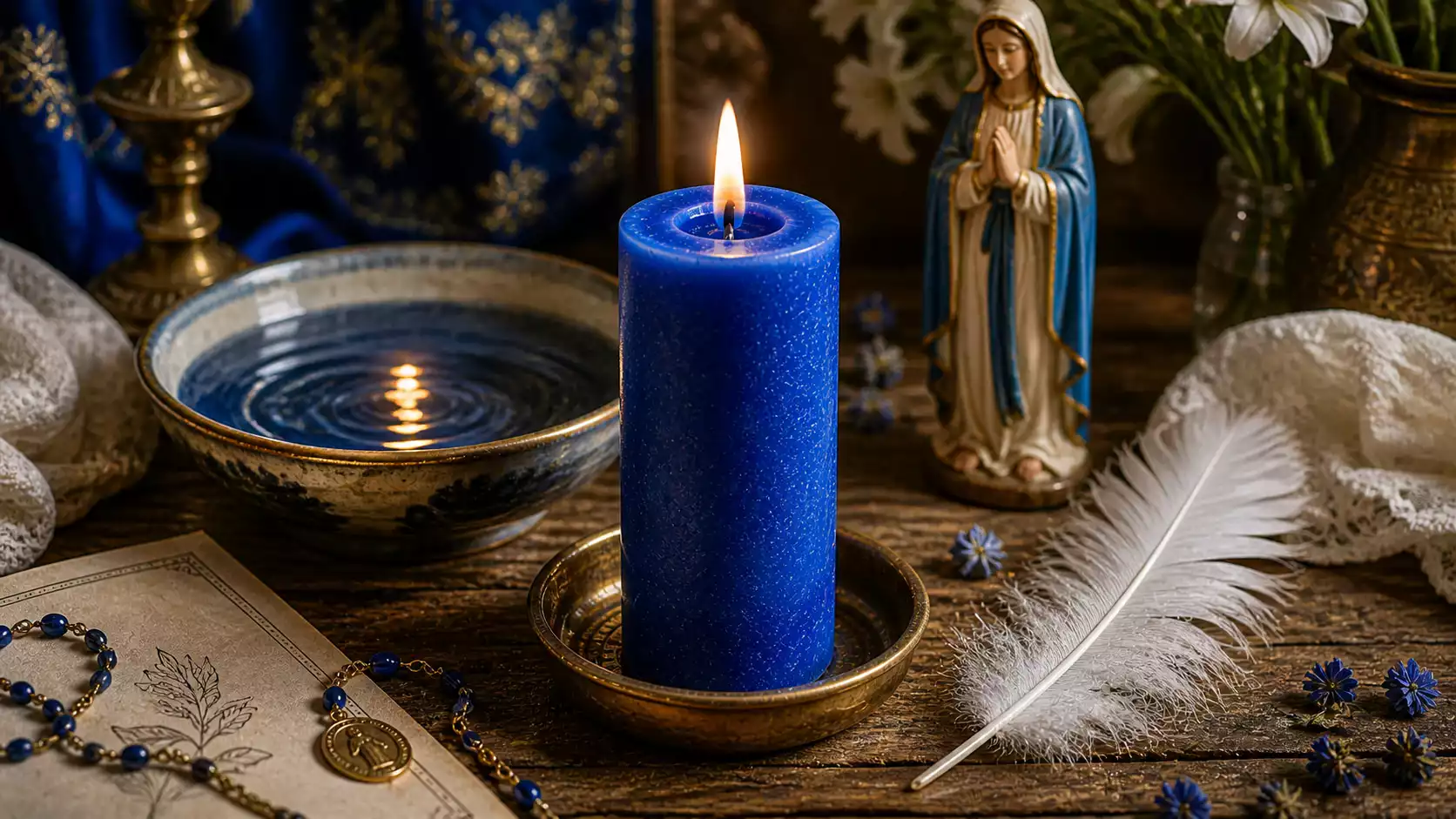 Bougie bleue allumée avec plume blanche et bol d’eau claire pour rituel de paix.