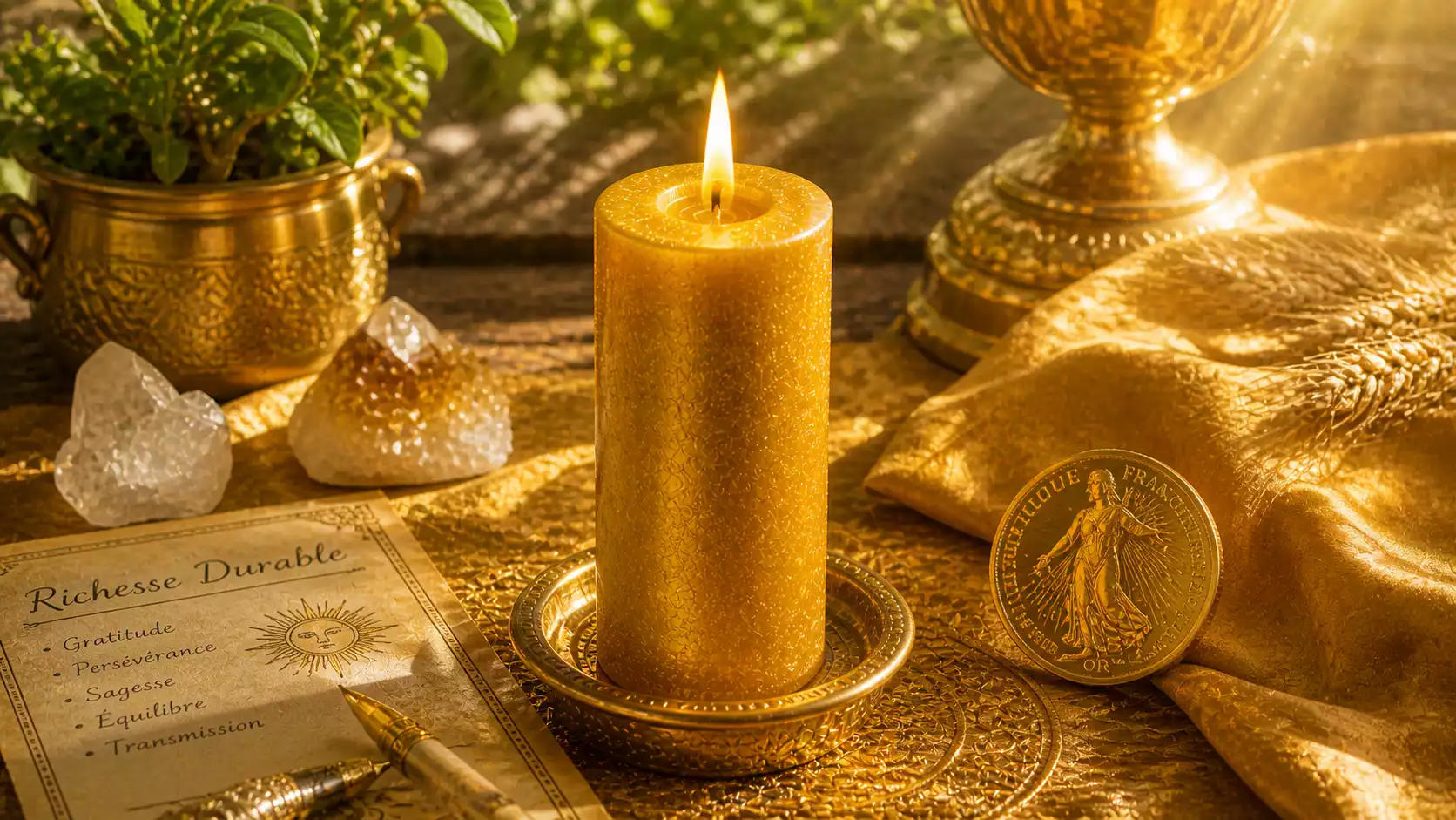 Bougie dorée allumée avec pièce d’or et blé sur autel lumineux pour rituel de richesse durable.