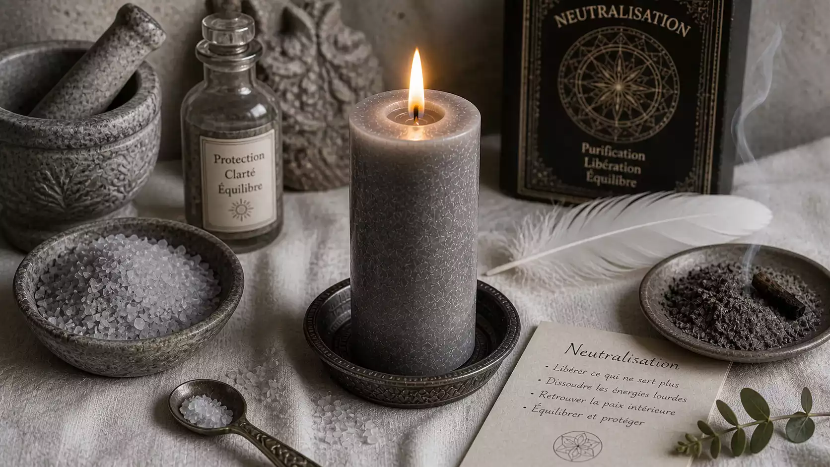 Bougie grise allumée avec sel gris, cendre froide et plume blanche sur linge blanc pour rituel de neutralisation.