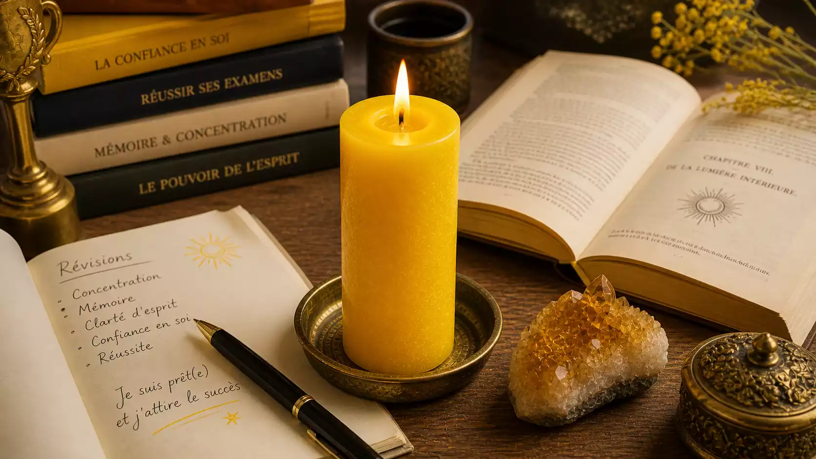 Bougie jaune allumée sur un bureau avec livres ouverts, citrine et stylo pour rituel d’examens.
