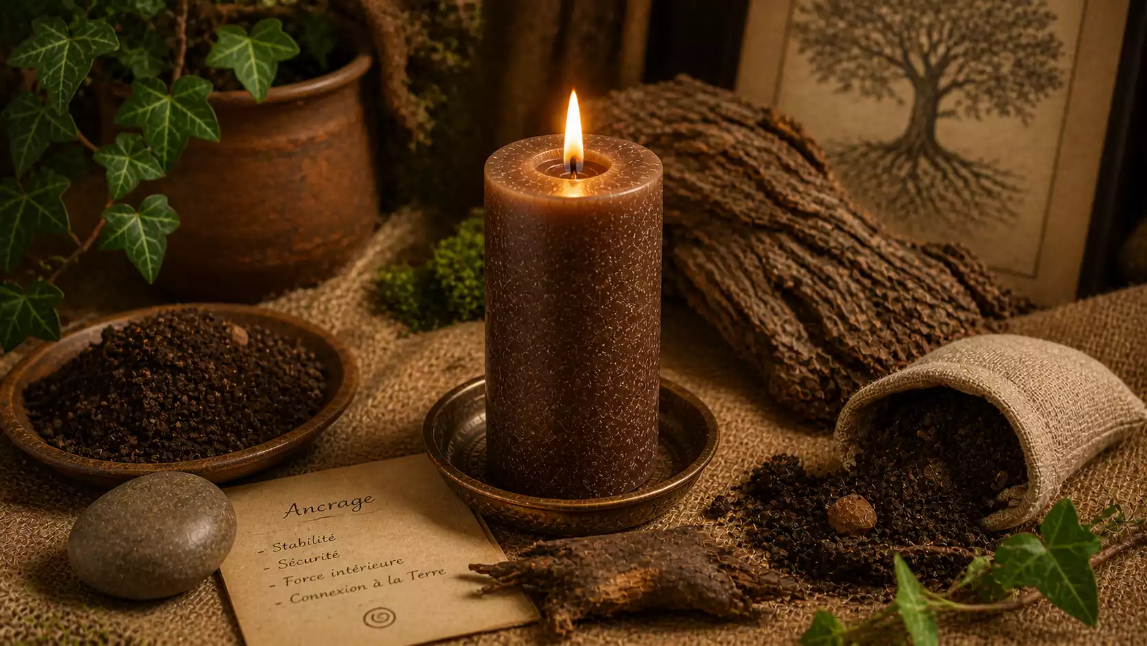 Bougie marron allumée avec terre, pierre lisse et écorce d’arbre sur toile de jute pour rituel d’ancrage.