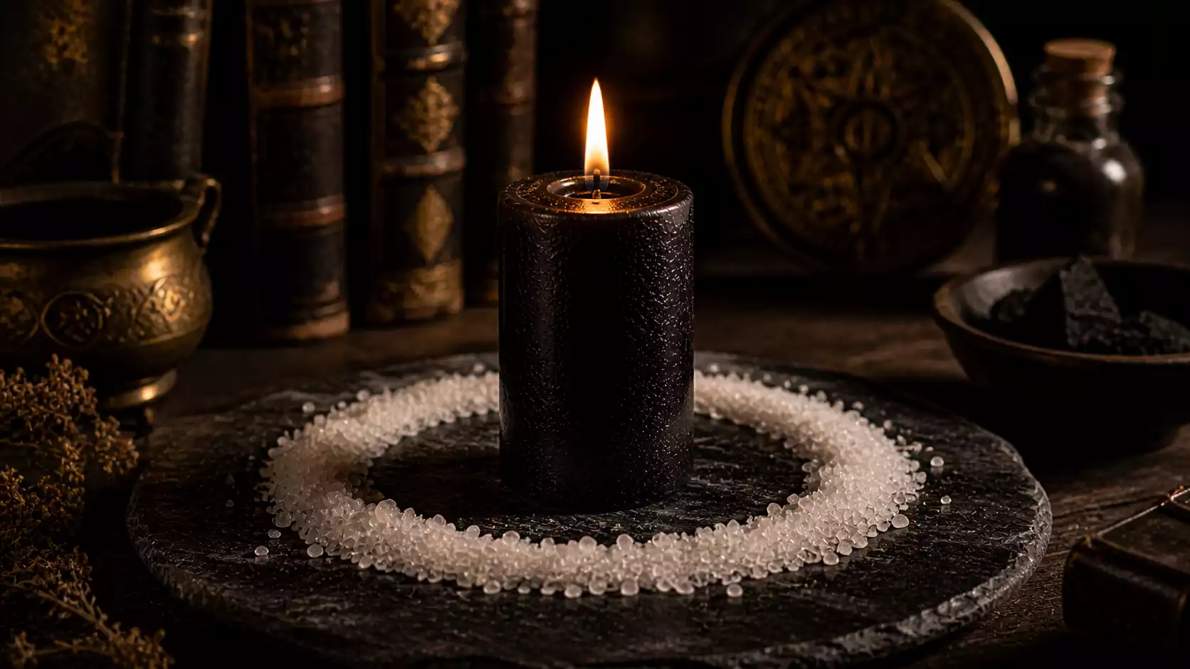 Bougie noire allumée avec cercle de sel marin sur une dalle sombre pour rituel de protection.