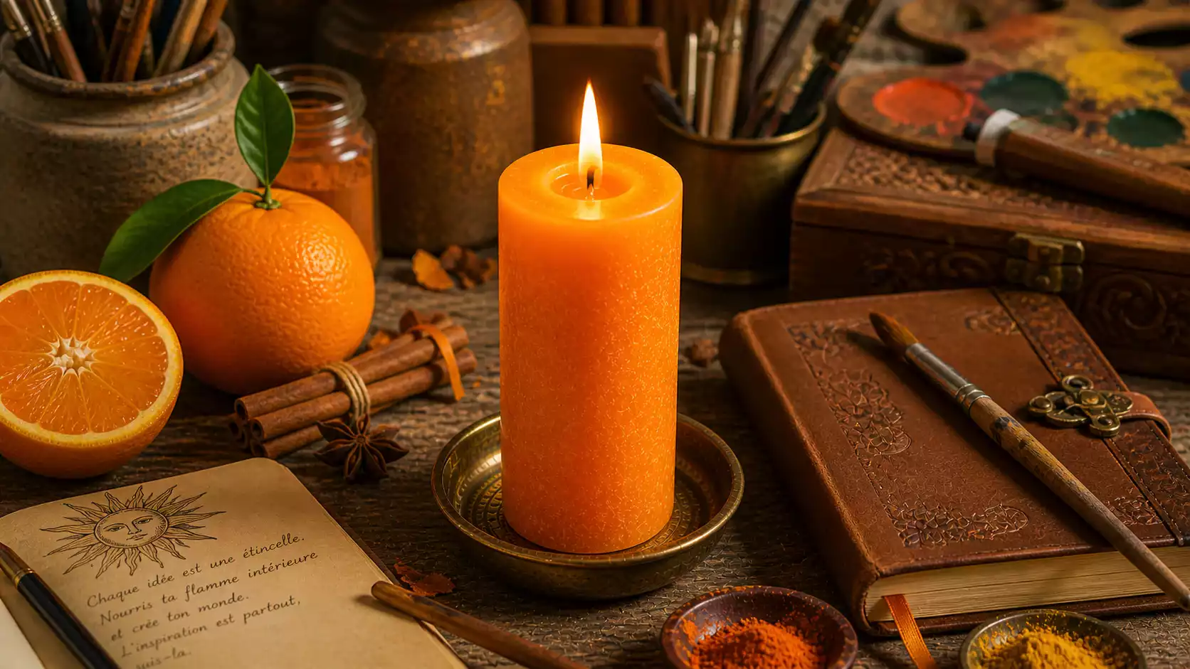 Bougie orange allumée avec orange fraîche, bâtons de cannelle, pinceaux et carnet sur table d’artisan pour rituel créatif.