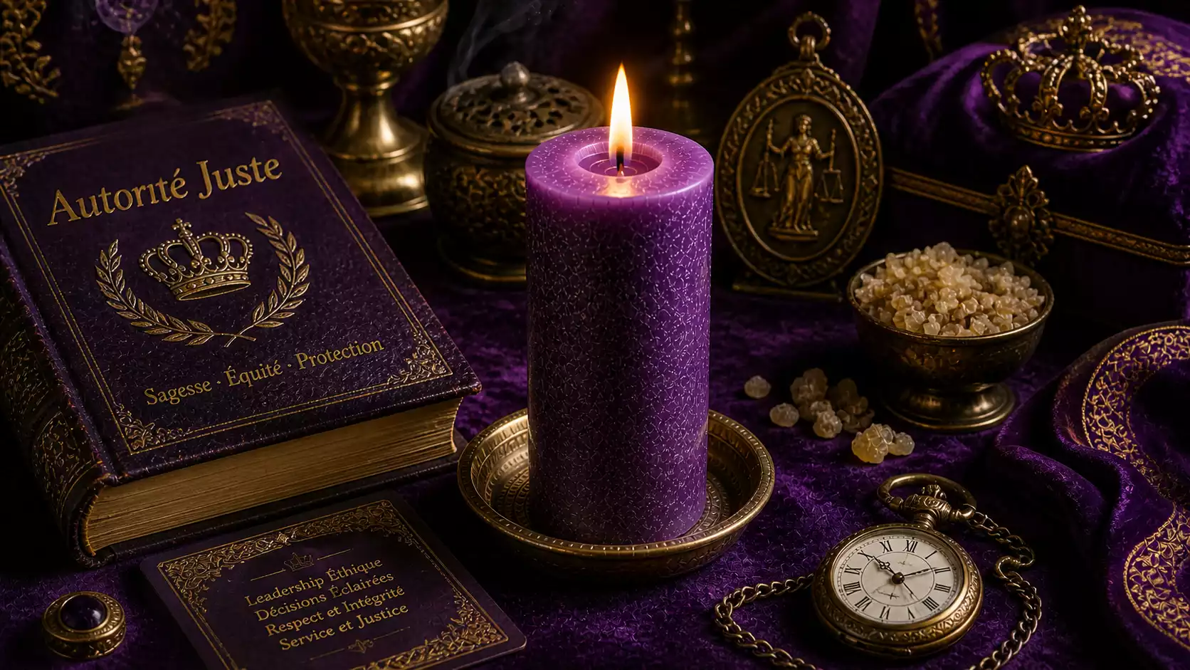 Bougie pourpre allumée avec livre relié, montre ancienne et encens sur velours violet pour rituel d’autorité juste.